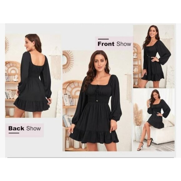 Dokotoo Womens Black Long Lantern Sleeve A-Line Mini Dress Square Neck Size L - Picture 3 of 9